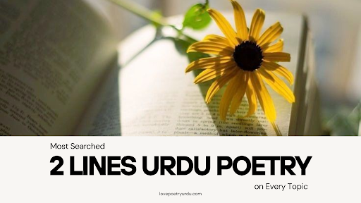 A beautiful banner featuring a bright yellow sunflower resting on the open pages of a book under soft sunlight, with text below highlighting the most searched 2 Lines Urdu Poetry on every topic.