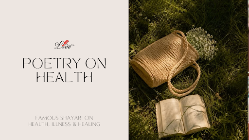 Poetry on Health featuring an open book, flowers, and a woven bag in a peaceful outdoor setting, symbolizing healing, wellness, and inspirational shayari on health and illness.