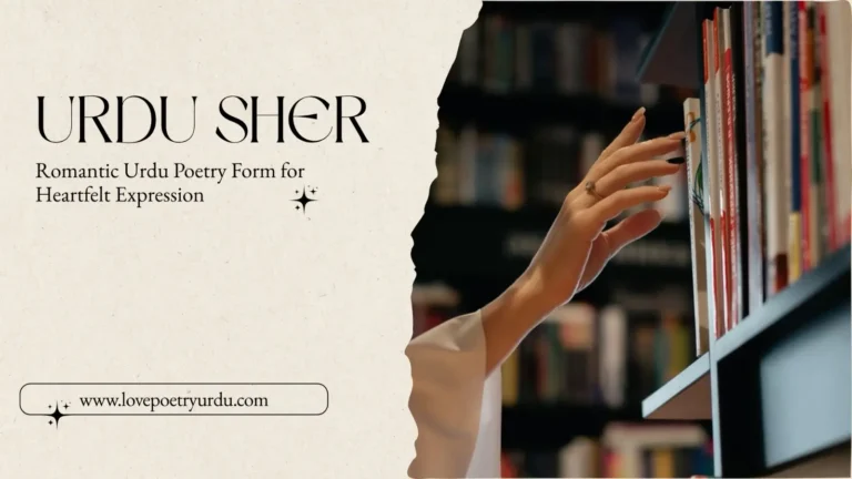 A person reaches for a book on a shelf; text reads "Urdu Sher: Romantic Urdu Poetry Form for Heartfelt Expression" with a website link at the bottom.