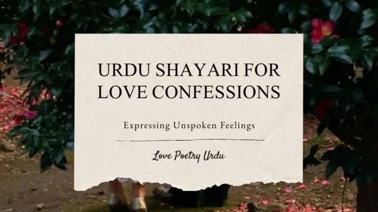 Title graphic featuring Urdu Shayari for Love Confessions and expressing unspoken feelings written on a torn paper overlay against a romantic, floral background with pink petals on the ground.