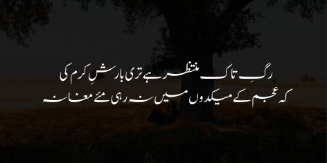 Nahin Iss Khuli Faza Mein Koi Ghosh’ay Faraghat

Ye Jahan Ajab Jahan Hai, Qafas Na Ashiyana

This is a strange world, neither cage nor nest,

With no calm nook in all its spacious fold.
