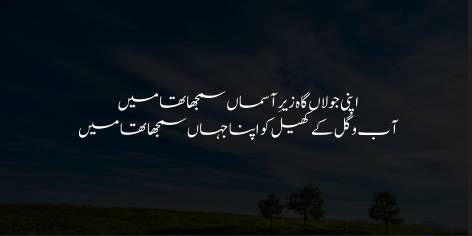 Apni Jolangah Zair-e-Asman Samjha Tha Mein

Aab-o-Gil Ke Khail Ko Apna Jahan Samjha Tha Mein

Methought (Me-thinks) my racing field lay under the skies,

This plaything of water and clay, I regarded as my world;