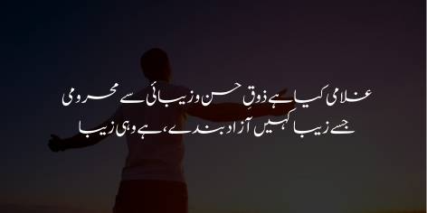 Ghulami Kya Hai? Zauq-e-Husn-o-Zaibai Se Mehroomi

Jise Zaiba Kahin Azad Bande, Hai Wohi Zaiba

Slavery—exile from the love of beauty:

Beauty—whatever free men reckon so;