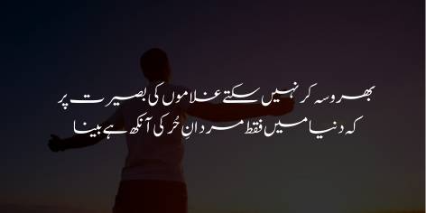 Bharosa Kar Nahin Sakte Ghulamon Ki Baseerat Par

Ke Dunya Mein Faqat Mardan-e-Hur Ki Ankh Hai Beena

Trust no slave’s eyes, clear sight, and liberty

Go hand in hand. His own resolves bestow