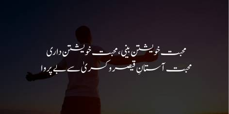 Mohabbat Khaweshtan Beeni, Mohabbat Khwaestan Dari

Mohabbat Astan-e-Qaisar-o-Kasra Se Beparwa

Love, self‐beholding, self‐sustaining, stands

Unawed at the gates of Caesar or Khosro;