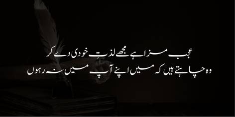 Ajab Maza Hai, Mujhe Lazzat-e-Khudi De Kar

Woh Chahte Hain Ke Main Apne Aap Mein Na Rahoon

How strange! The bliss of self having bestowed on me,

God mighty will that I beside myself should be.