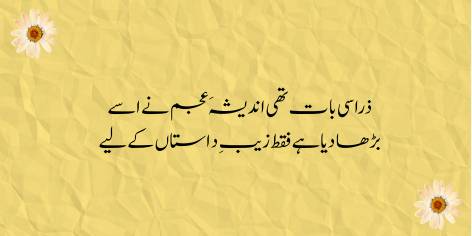 Zara Si Baat Thi, Andaisha-e-Ajam Ne Isse

Barha Diya Hai Faqat Zaib-e-Dastan Ke Liye

It was a plain and simple truth, but the imagination of the Persian mind

Has confounded it with the poetic license.
