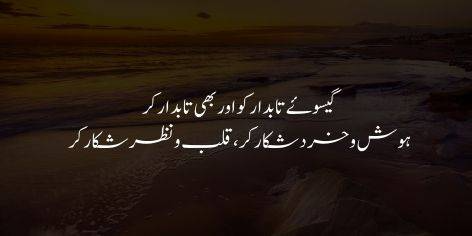 Gaisuay Tabdar Ko Aur Bhi Tabdar Kar

Hosh-o-Khirad Shakar Kar, Qalb-o-Nazar Shakar Kar

Bright are Your tresses: brighten them even more:

Ravish the senses and the mind, ravish the heart and the eyes.