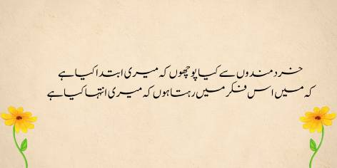 Khird-Mandon Se Kya Puchon Ke Meri Ibtida Kya Hai

Ke Main Iss Fikar Mein Rehta Hun, Meri Intiha Kya Hai

What should I ask the sages about my origin:

I always want to know my goal.