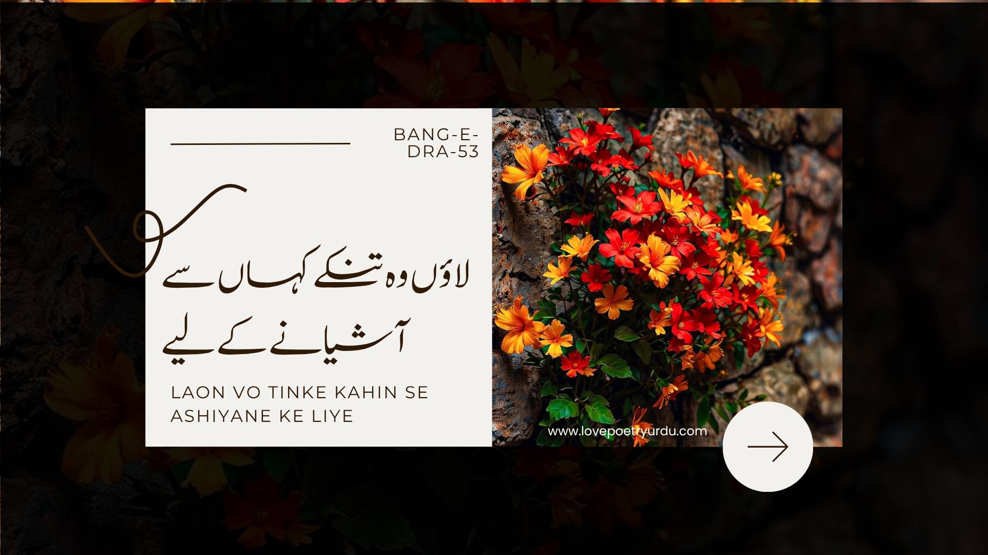 (Bang-e-Dra-53) Laon Vo Tinke Kahin Se Ashiyane Ke Liye ( لاؤں وہ تنکے کہاں سے آشیانے کے لیے )