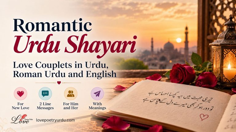 Featured banner image for Romantic Urdu Shayari featuring a open diary with Urdu poetry calligraphed on it, red roses, a lit vintage lantern, and a mosque view at sunset with text reading "Romantic Urdu Shayari - Love Couplets in Urdu, Roman Urdu and English".