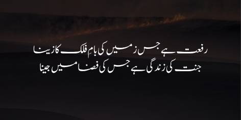 Riffat Hai Jis Zameen Ki Baam-e-Falak Ka Zeena
Jannat Ki Zindagi Hai Jis Ki Faza Mein Jeena
رفعت ہے جس ز میں کی بامِ فلک کا زینا
جنت کی زندگی ہے جس کی فضا میں جینا
The land whose elegance is the stairway to the sky
Living in whose environment is like living in Paradise