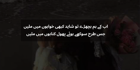 Sad Urdu friendship poetry about meeting again in dreams like dried flowers preserved in books