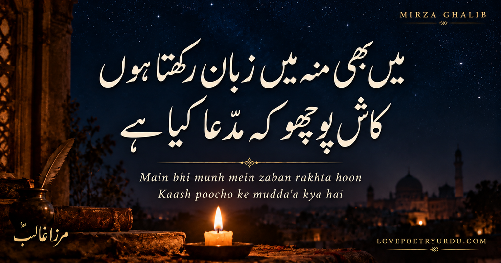 Mirza Ghalib sad Urdu poetry “میں بھی منہ میں زبان رکھتا ہوں، کاش پوچھو کہ مدّعا کیا ہے” in white Nastaliq calligraphy against a starry indigo night sky with a glowing candle and Roman Urdu text.