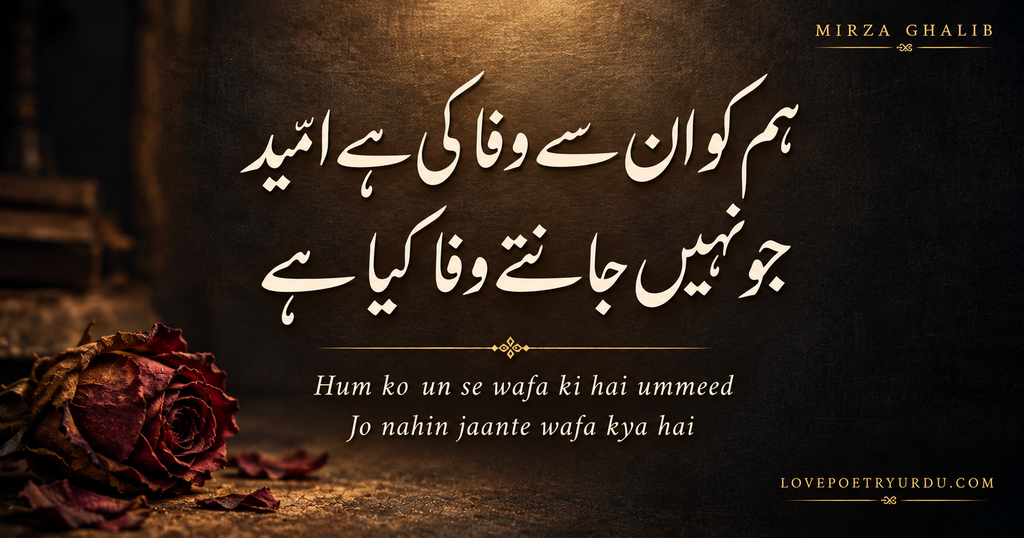Mirza Ghalib famous sad Urdu poetry “ہم کو ان سے وفا کی ہے امّید، جو نہیں جانتے وفا کیا ہے” in glowing ivory Nastaliq calligraphy on a dark charcoal background with golden lighting and a dried red rose.