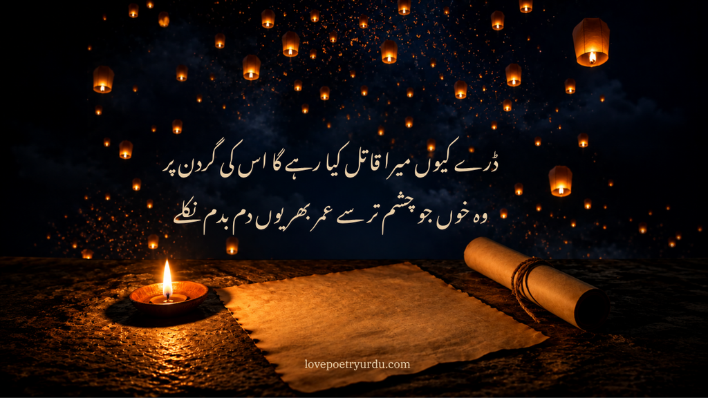 Urdu poetry quote with glowing sky lanterns, candlelight, parchment paper, and a vintage scroll at night.