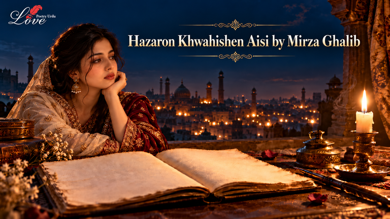 Hazaron Khwahishen Aisi by Mirza Ghalib featured image showing a woman in traditional attire beside an open manuscript and candle, overlooking a softly lit old Delhi cityscape at night.